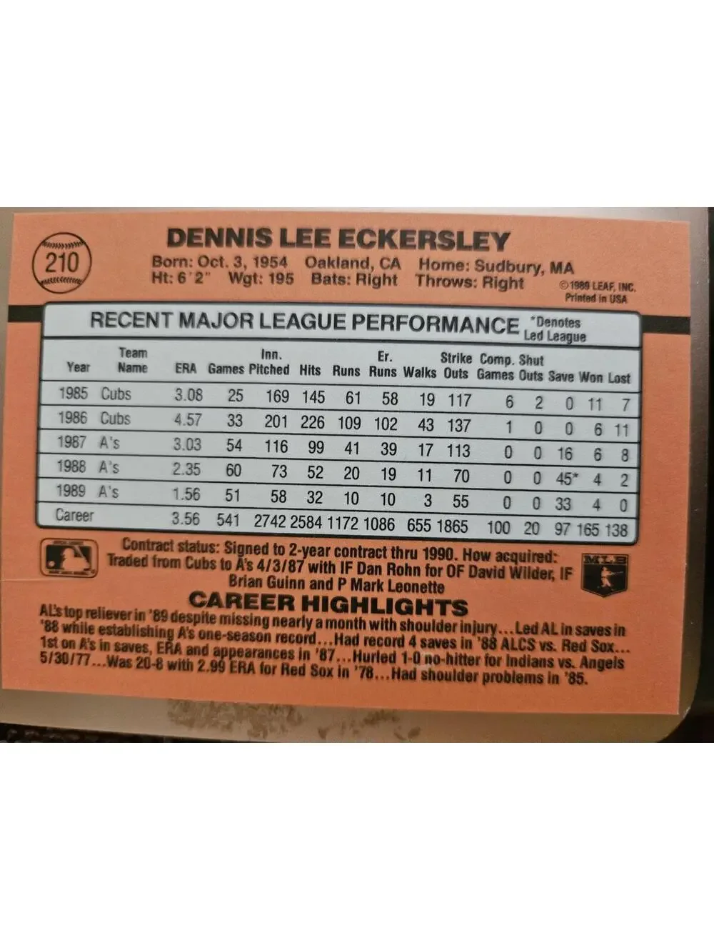 Dennis Eckersley HOF - 1990 Donruss #210 - A's - RAW Mint
